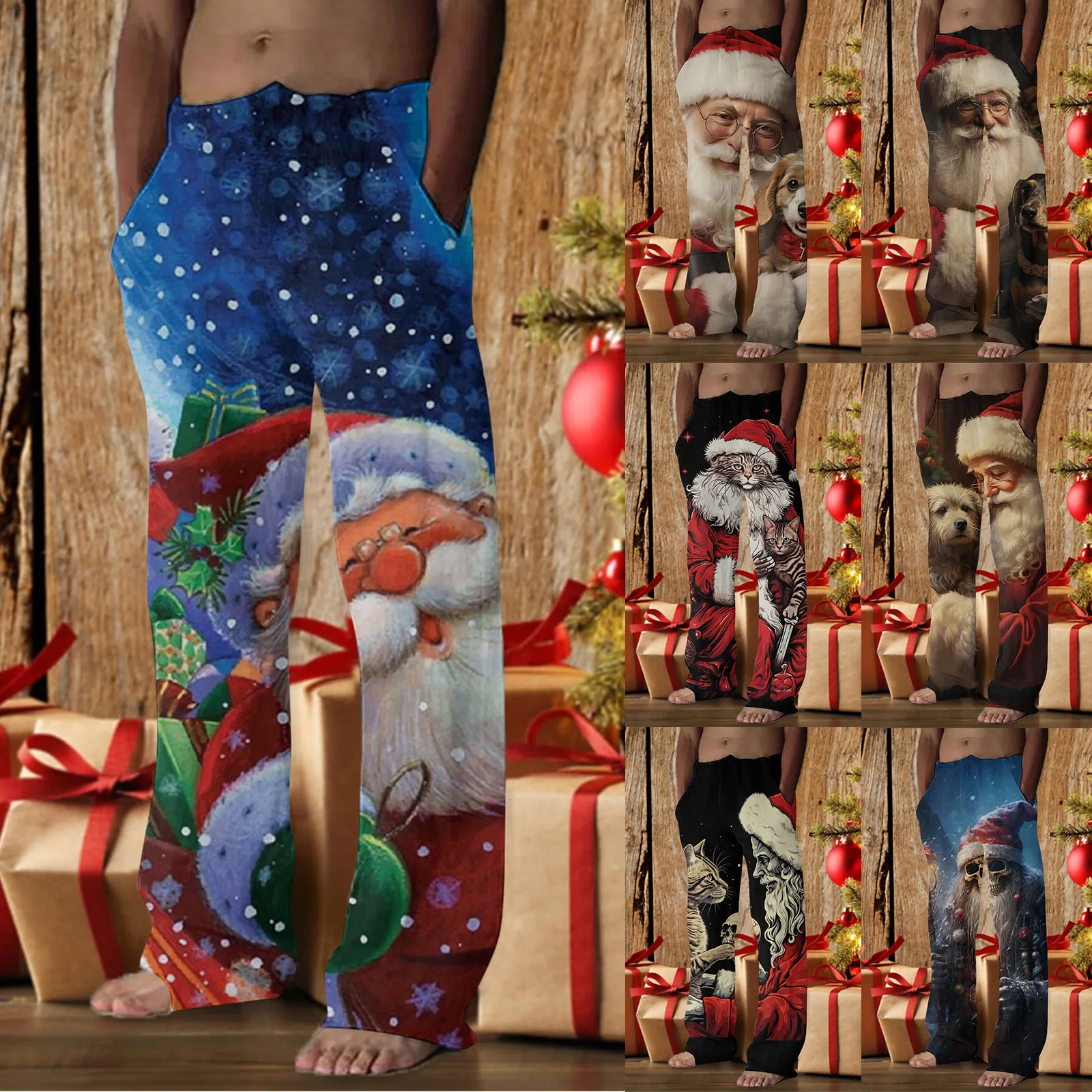

Male Autumn And Winter Christmas Home Pants Fully Printed Cordless Pocket Holiday Pocket Pants Jogging Bottoms Oversize