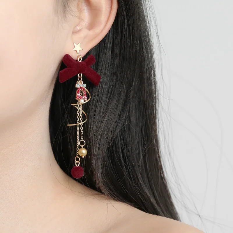 

New Inlaid Rhinestone Bell Earrings With Red Flocked Bow Tie for Women Girls Autumn Winter Sweet Tassel Earrings Wholesale