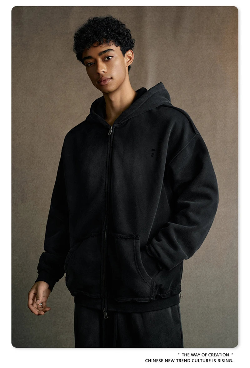 ZODF Retro Winter Men 400gsm Monkey Washed Zipper Hoodie Unisex High Street Loose Edge Ripped Distressed Hooded Pullovers HY1117