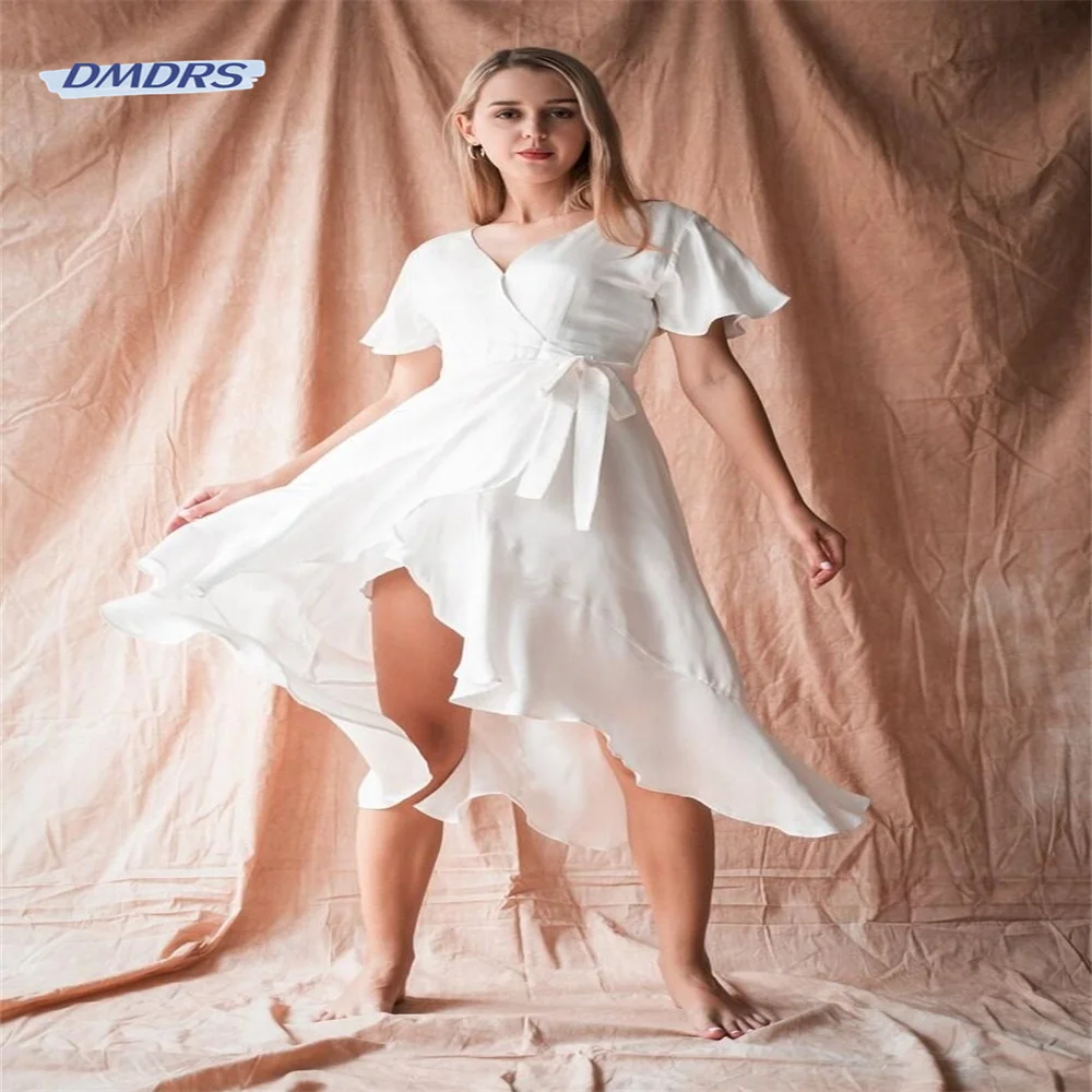 

Classic V-neck A-line Wedding Dress Simple Knee-length Short Sleeve Bridal Gown Beach Vestidos De Novia