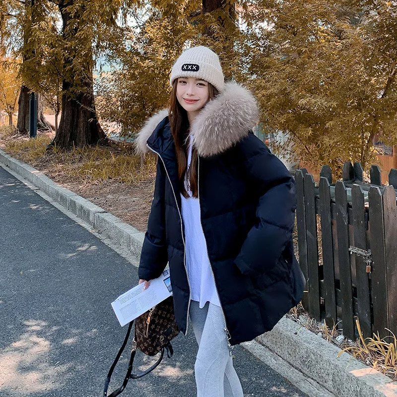 Women Down Jacket Raccoon Fur Collar Winter Windproof Loose Thick Medium-length Models Coat Jackets Overcoat Outwear Hooded Warm