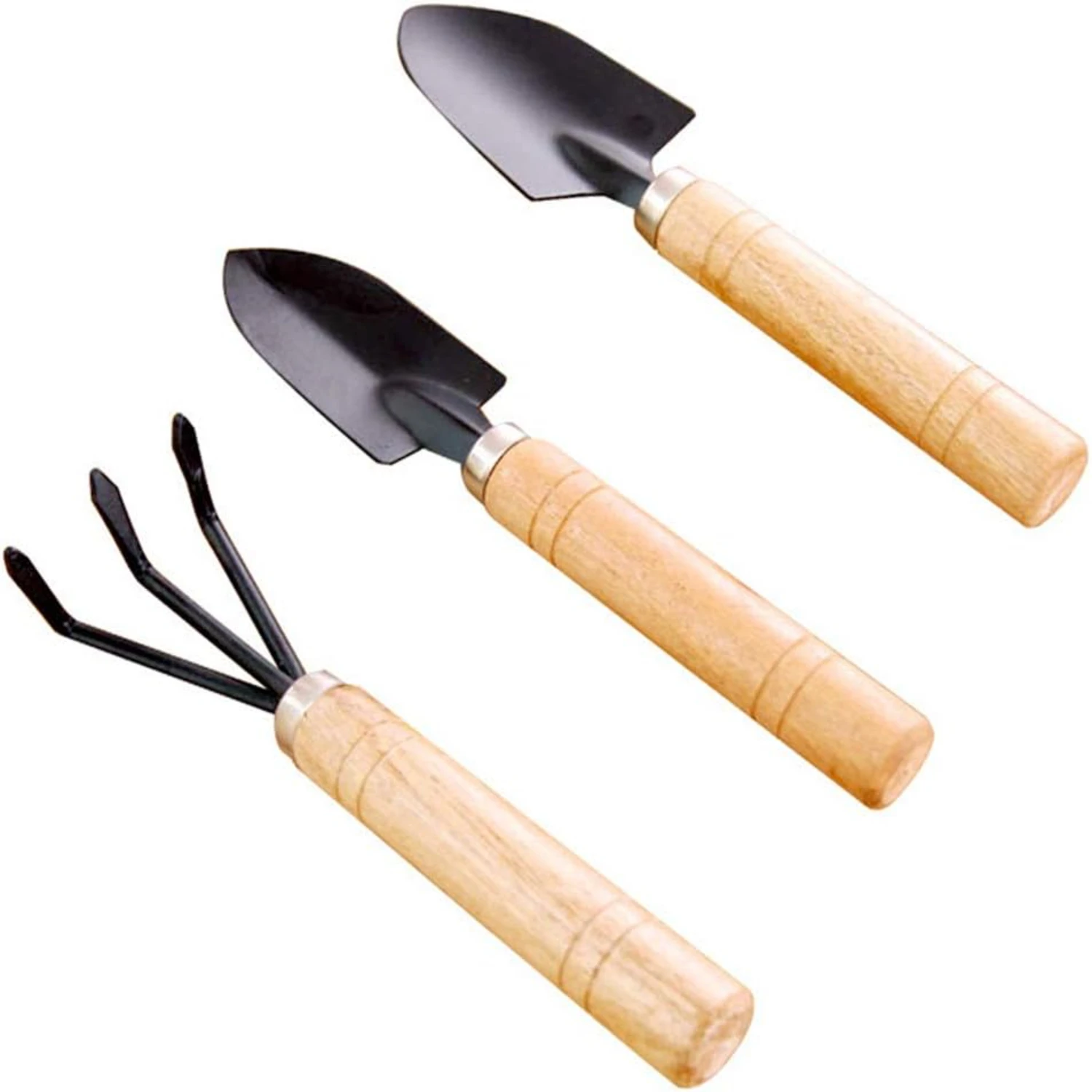 Efficient and Durable Black Metal Gardening Trowel-Set of 3 Mini Hand Planting Tools with Wood Handle including Small Shovel,