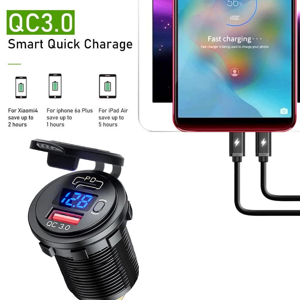 전압 차량용 USB 충전기 QC3.0 PD C타입 USB, 스위치 소켓 포함, 차량 보트 오토바이 SUV 버스 트럭, 12V, 24V