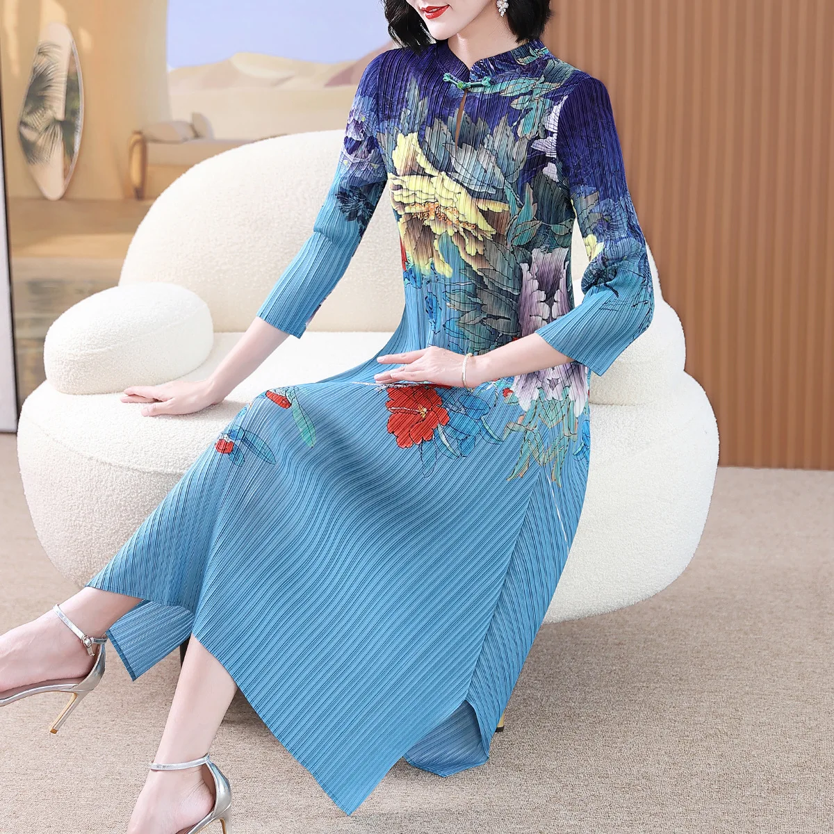 

Miyake Pleated Dress New Fashion Printed Plus Size Long Dress Middle-Aged Mom Autumn Clothes Improved Cheongsam Elegant Dresses