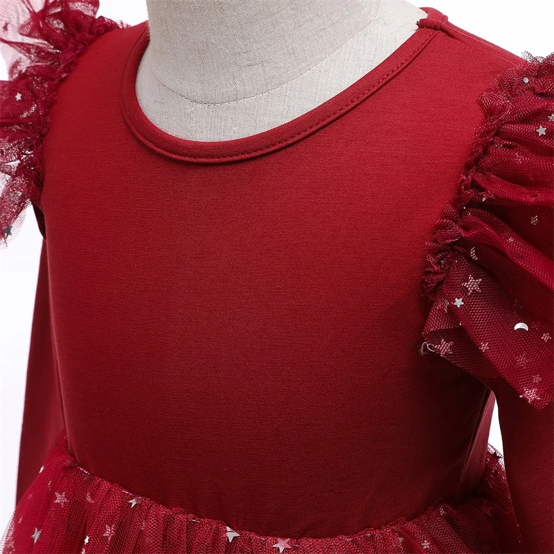 Red Girls Christmas Dress Autumn Full Sleeve Tulle Mesh Tutu Kids Princess Birthday Party Clothes Children New Years Costumes girls dress princess costume kids clothes