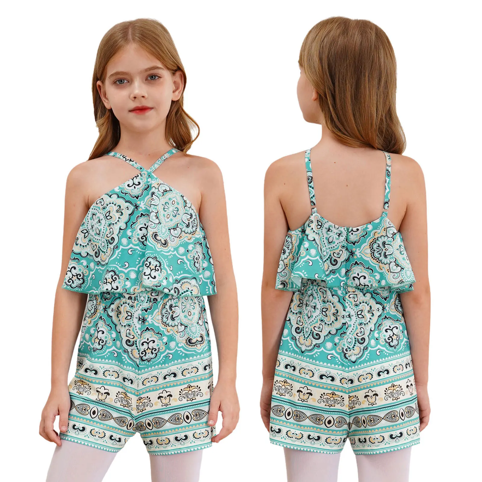

Summer Kids Girls Boho Floral Print Jumpsuit Ruffle Spaghetti Straps Cold Shoulder Romper Casual Overalls Vacation Beachwear