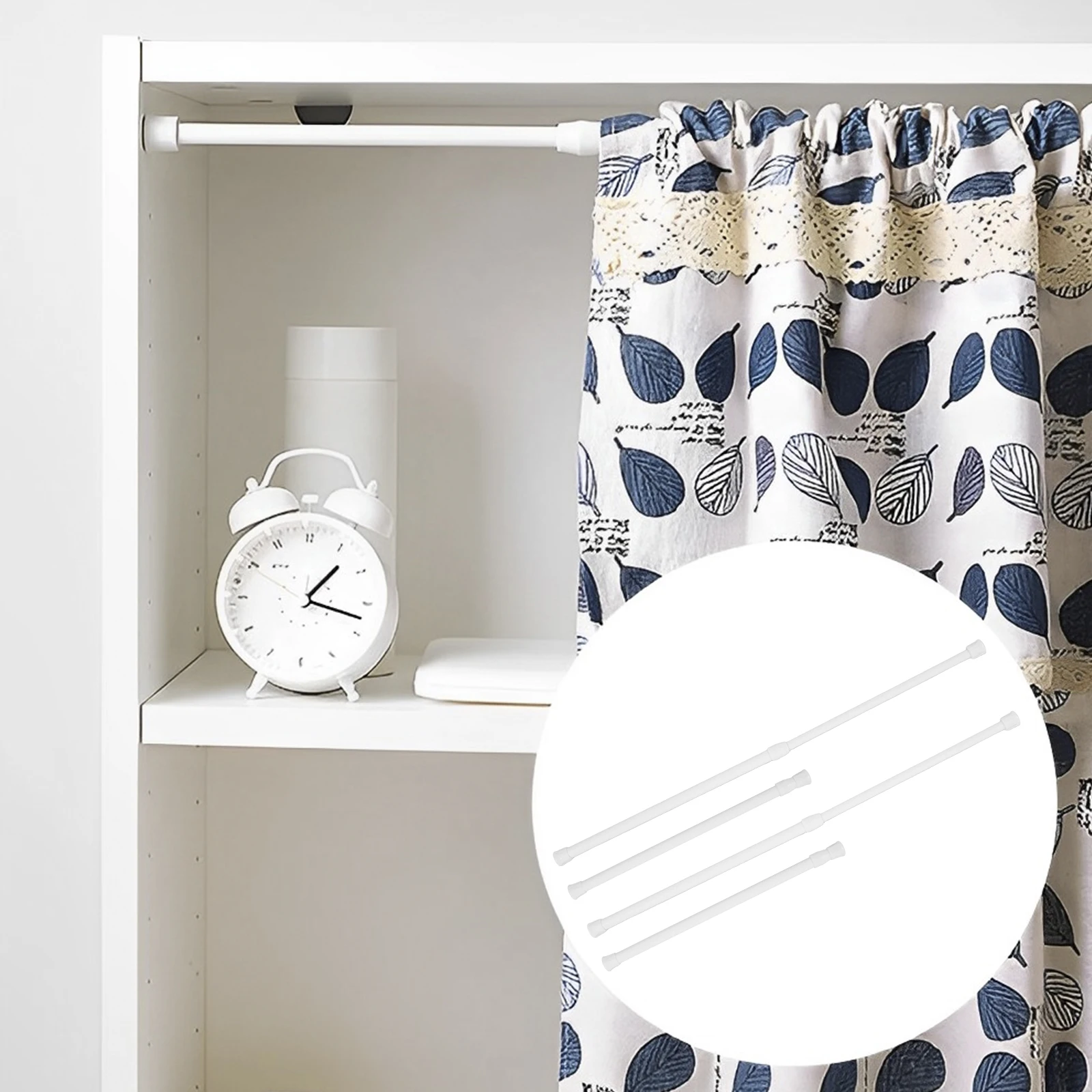 White adjustable storage rod for camper shelves