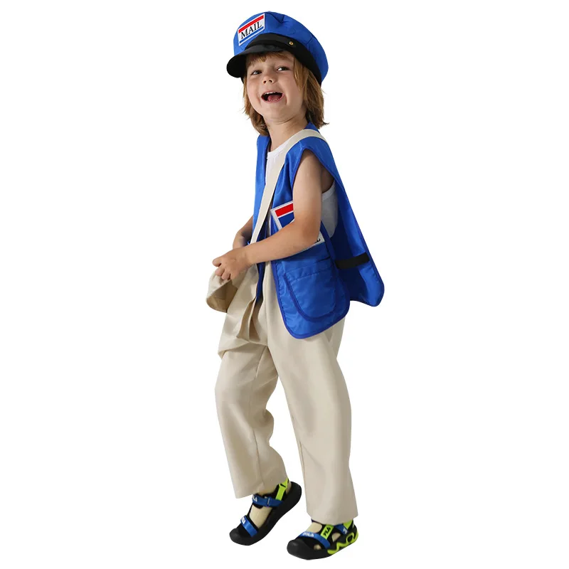 Boys Girls professional postman Cosplay mail carrier Uniform Costume Halloween Kid with Hat mail carrier