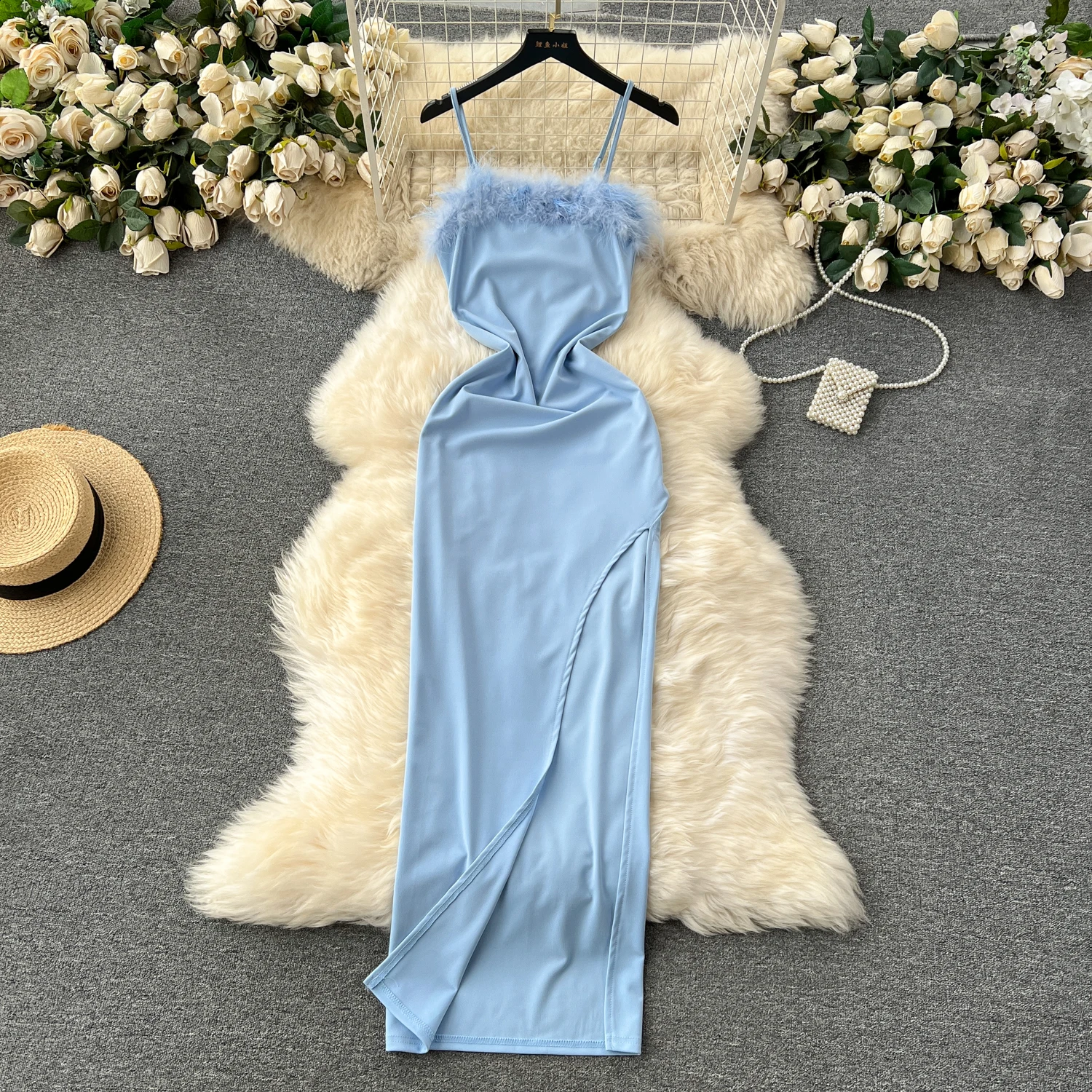 

Fashion halter dress Feather patchwork solid color dress feminine evening dress