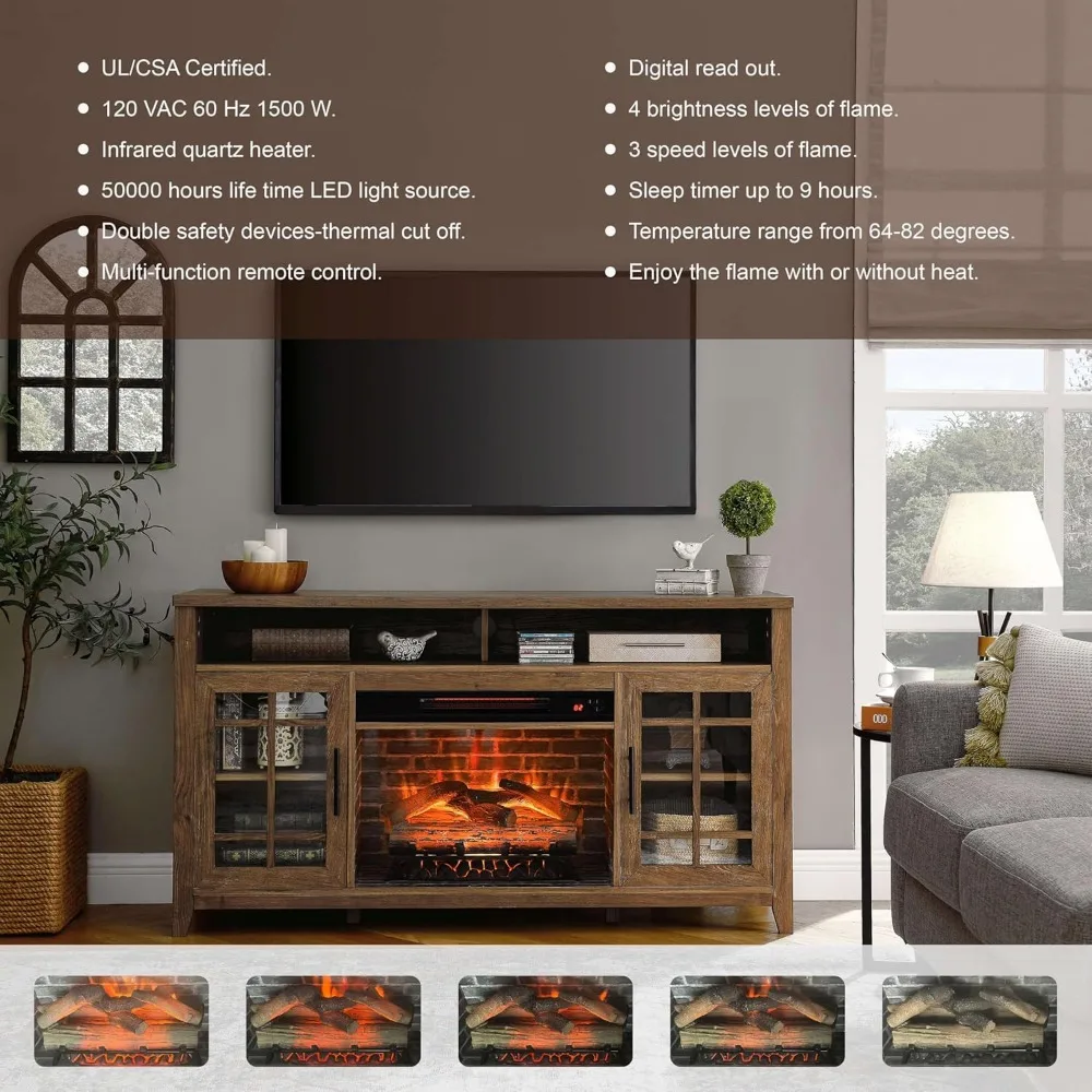 TV Stand for 65" TV, w/Electric Fireplace KD Insert and Storage Cabinet, Heater w/Remote, Fireplace TV Console for Living Room 4