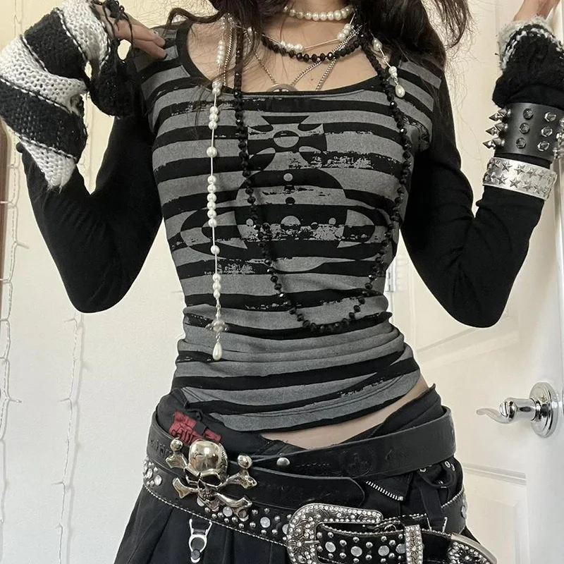 Tシャツ・カットソー DARKFOG High Neck Grunge Peplum Long Sleeve Tee Fall Spring Women´s Vintage Grunge Scoop Neck Tops Goth