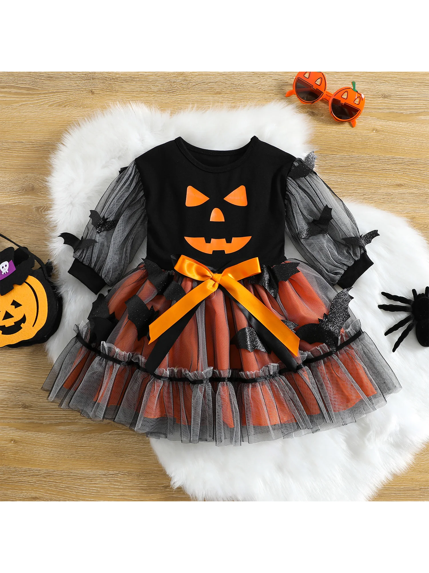 Cute Toddler Girl s Halloween Costume Long Sleeve Dress with Spooky Bat Print and Mesh Yarn Detail A-line Dress