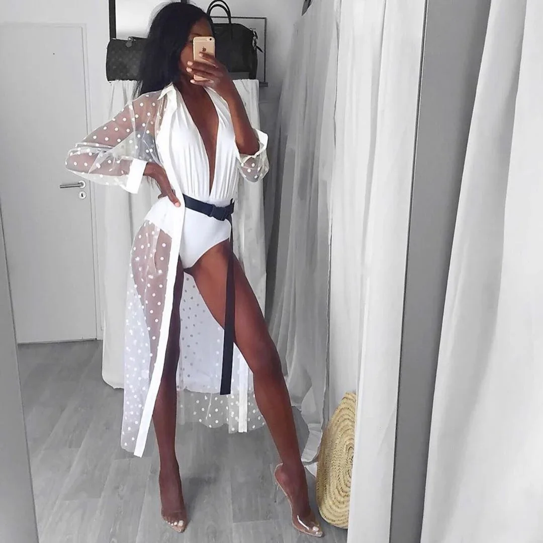 

2024 Woman's Polka Dot Beach Smock Sexy Lapel Long Sleeve Mesh Perspective Cover Up for Daily Life and Vacation beach dress