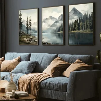 3Pcs/Set Modern Green Landscape Retro Watercolor Mountain Lake Wall Art Oil Painting 1