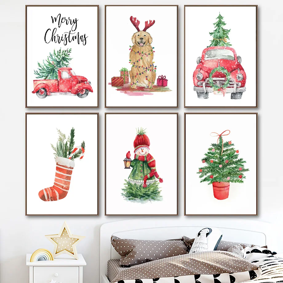 

Customizable Cartoon Christmas Holiday Tree Socks Snowman Car Dog Wall Art Painting Poster Print Picture Room