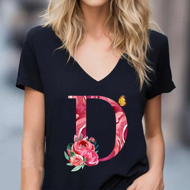 

Ladies Tshirt Harajuku Fashion Floral Letter A-Z Alphabet Black T-shirt Season Short Sleeves Women Tee Casual Loose Fashion Tee