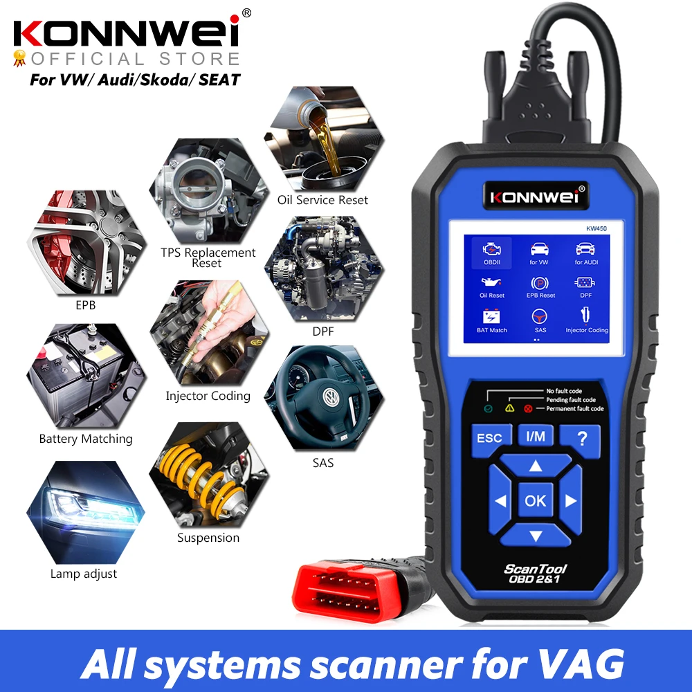 high quality auto inspection equipment KONNWEI KW450 OBDII Scanner Code Reader Engine Fault Reader Erase/Reset Fault Codes Diagnostic Scanner for VW A-udi Skoda best car battery charger