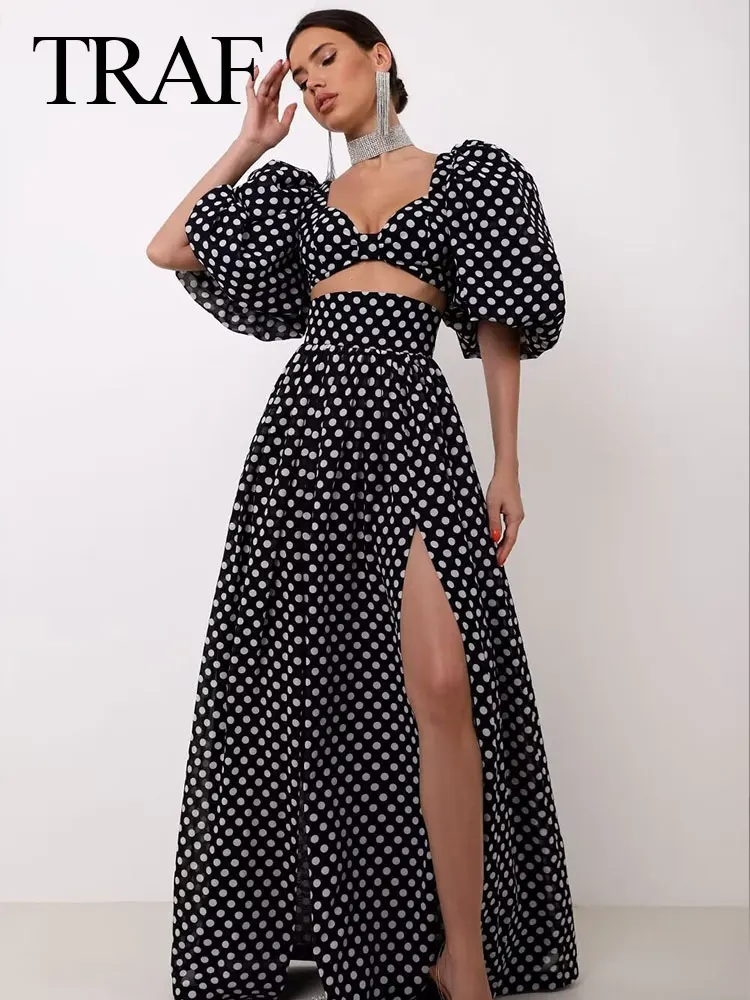 

TRAF Women Fashion Skirt Suit 2024 Spring Elegant Short Sleeve Square Neck Polka Dots Printed Cropped Top High Waist Slit Skirt