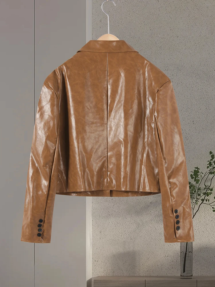 Damen-PU-Lederjacke, großer gekerbter Kragen, Bomberjacken, Herbst 2022, weiblich, langärmelig, Knopf, lose Mäntel, Damen-Oberbekleidung – Detail 7