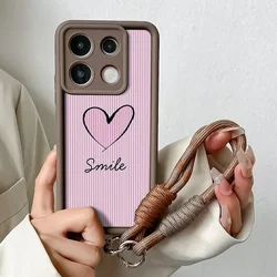Pink Love Heart Wrist Chain Lanyard Shockproof Phone Case with Soft Hang Strap for Xiaomi Poco m6 4G (J31-Coffee-SS)