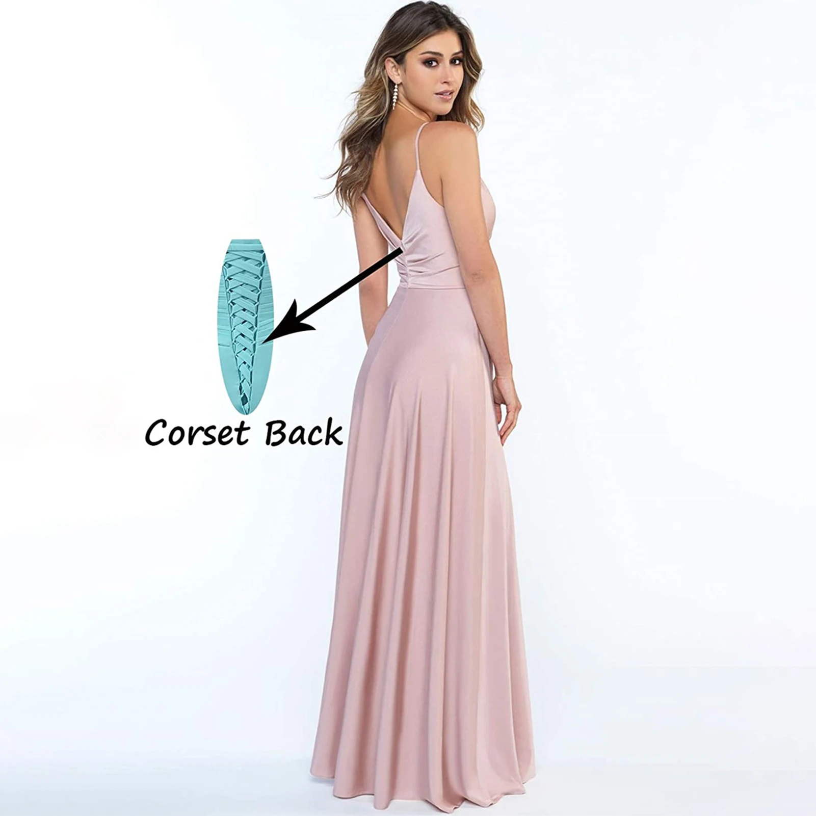 V Neck Bridesmaid Dresses Long for Women with Slit A-line Maid of Honor Dresses Satin Evening Party Gowns with Pockets