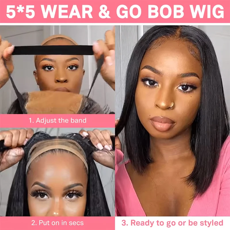 Wear And Go Glueless Bob Wig Human Hair Short Straight Lace Front Wigs Pre Cut Brazilian Hair 4x4 5X5 HD Lace Closure Wig 5