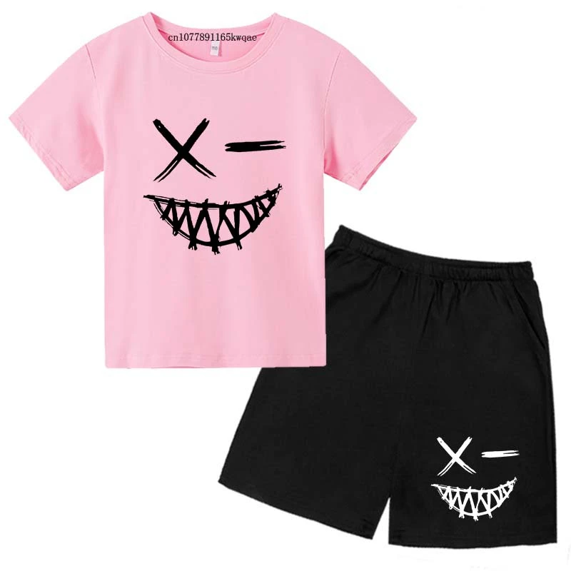 Kids Summer New Smiling Face Print 2pcs Breathable Tees + Shorts Sportsuits 2-13 Years Boys Girls Streetwear Outfits Children Sets
