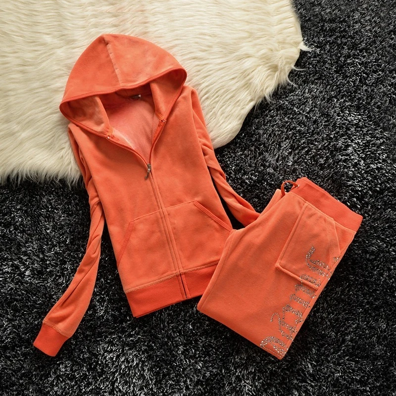 Velvet Tracksuit Juicy Women Crystal Hoodies Jacket and Back Pockets Pants Sets 2 Piece Set Women Outfit