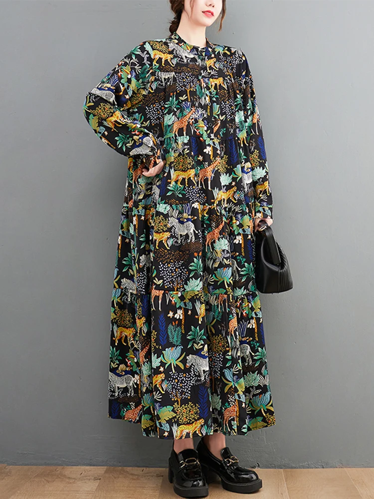 Pattern Print Shirt Dresses For Women Long Sleeve Loose Casual Vintage Dress Vestidos Fashion Elegant Clothes Spring Autumn 2025