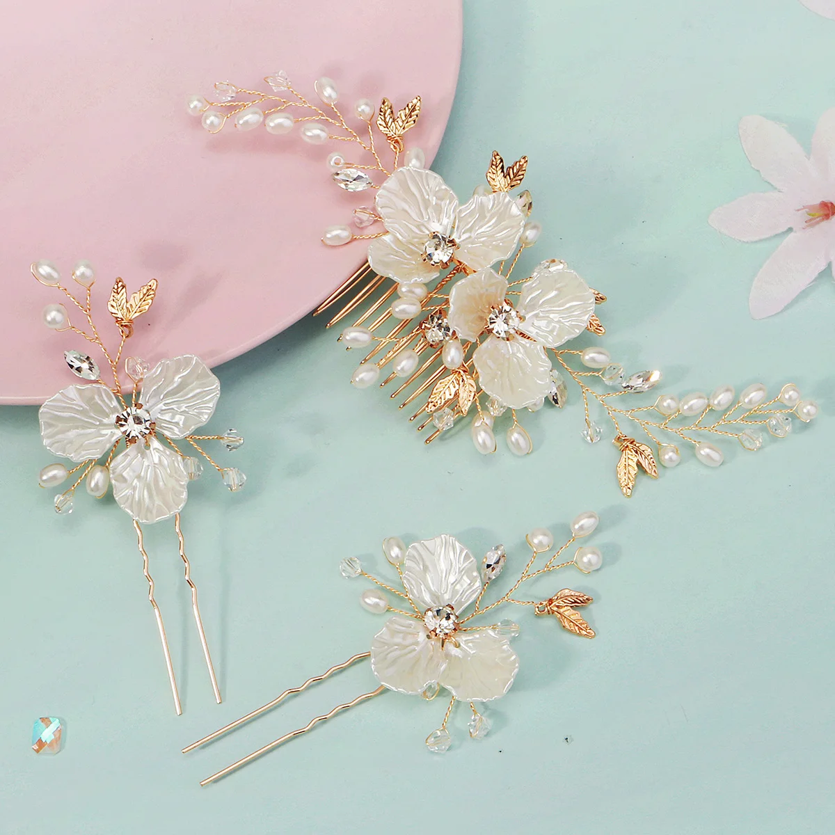 Mode Weiß Acryl Blume Perle Haar Clip Hochzeit Hochsteckfrisur Kamm Haarnadel Set Für Frauen Urlaub Party Haar Zubehör & Kopfbedeckungen – Detail 2