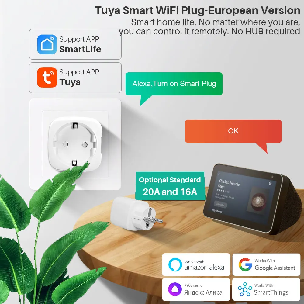 Smart Socket Tuya WiFi 16A/20A EU with Power Monitor Timing Support Alexa Google Home