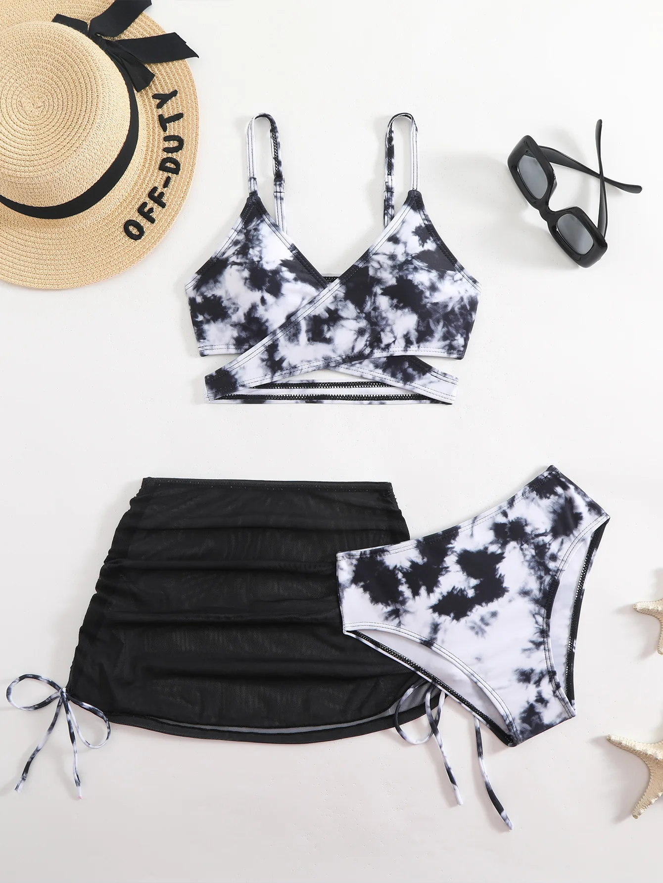 3pcs Swimming Suit for Girls Summer Beach Dress Swimsuit Tie-dye Printed Skirted Bikini Set Kids Bathing Suit