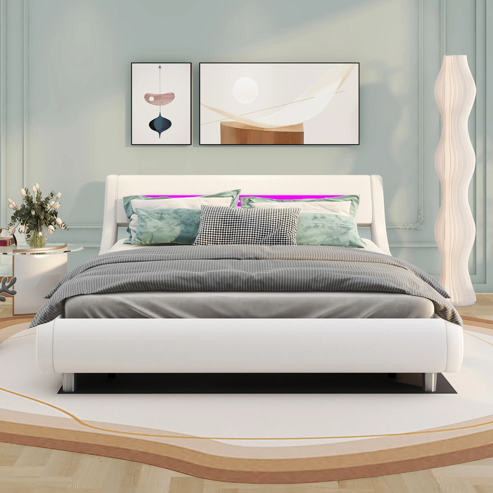 

Queen/Full Size Low Profile Upholstered Platform Bed with LED Headboard