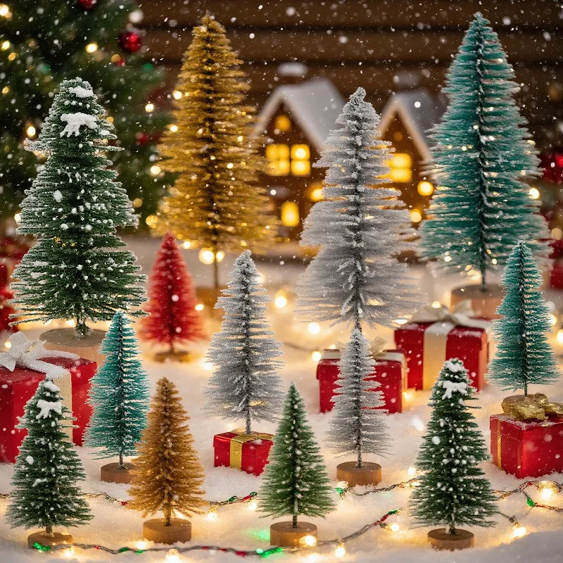 Description Picture 2 of itemArtificial Mini Christmas Tree DIY Crafts Sisal Pine Tree Desktop Miniature Ornaments with Wood Base Winter Xmas Party Decor