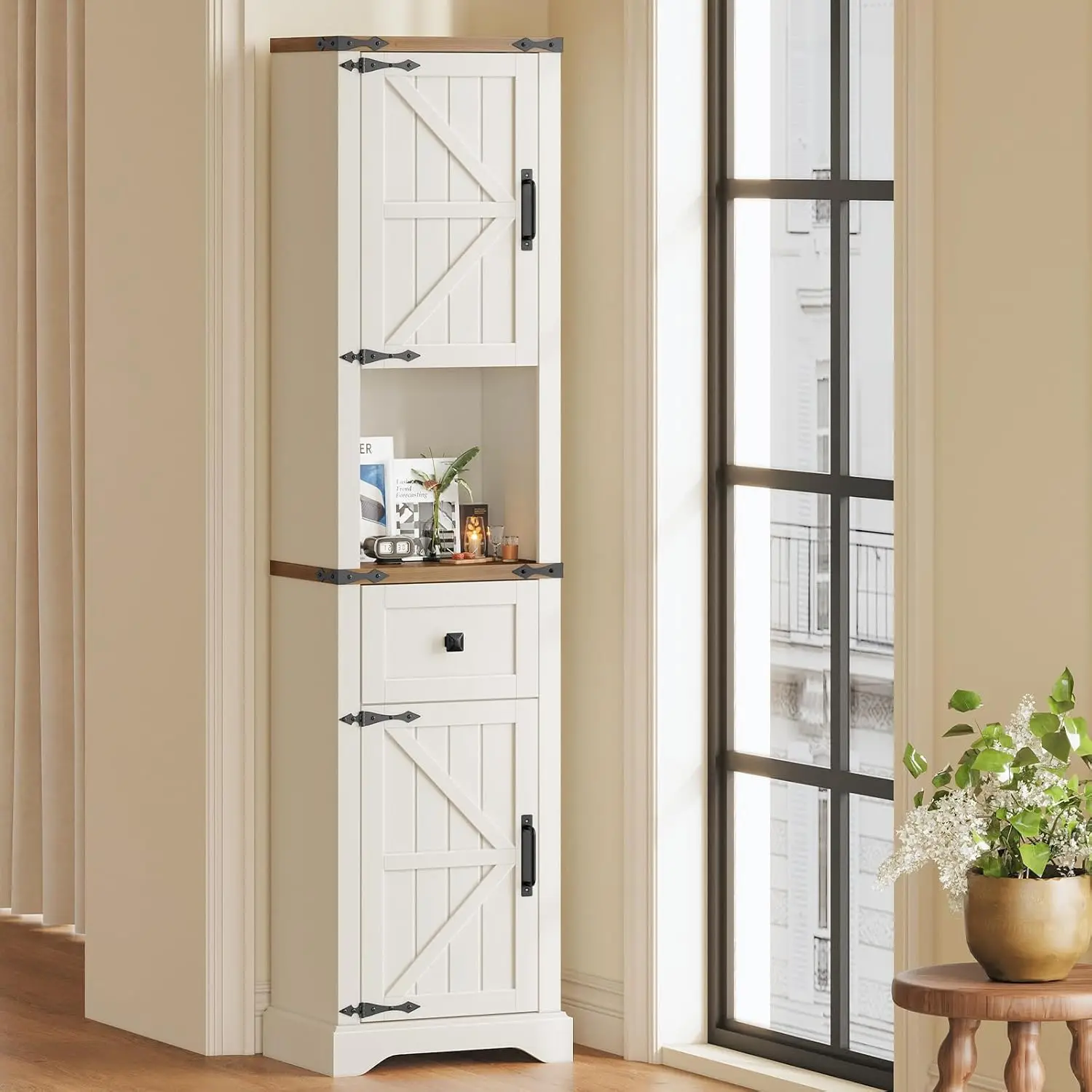 66" Tall Farmhouse Bathroom Storage Cabinet with Barn Doors and Drawer, Narrow Storage Unit, Adjustable Shelves & 5-Tier Space,