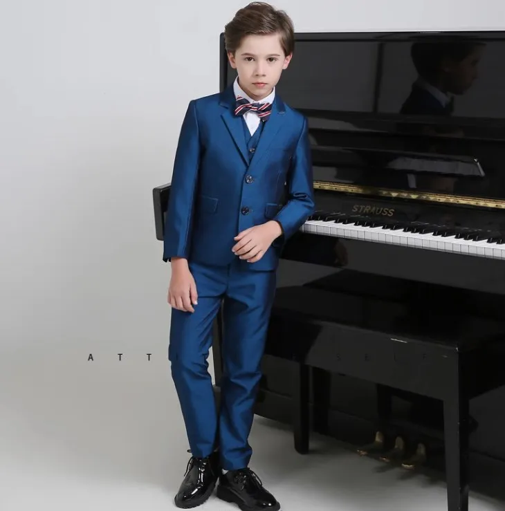 Children Shining Blue Piano Suit Flower Boys Wedding Dress Prince Kids Photograph Tuxedo Teenager Graduation Birthday Costume boys suit set