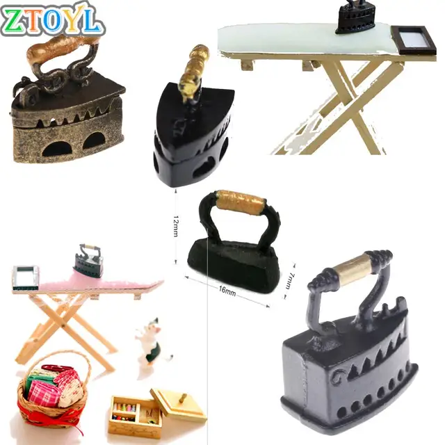 1: 12 Dollhouse Miniature Iron with Ironing Board Metal Black Iron Clothes Tool Urniture Furniture Dollhouse Room Girls Gift Toy 1