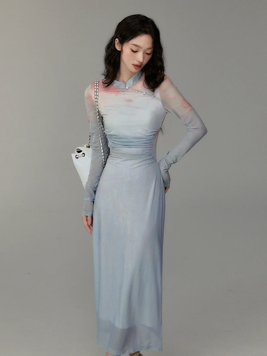 

Design Blue Lace Temperament Improved National Style Cheongsam New Chinese Style Long Sleeve Dress