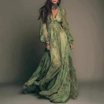 2026 New Womens Print V Neck Long Sleeve Dress Flowy Draped Waist Cinched Long Skirt Elegant Temperament Dress Outfit 1