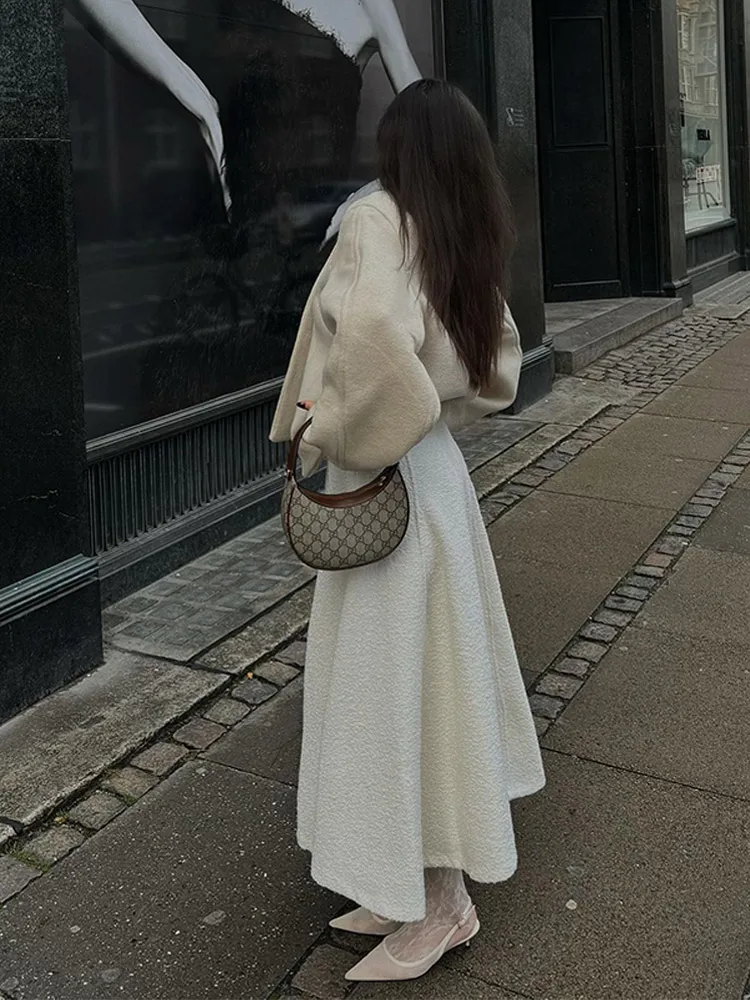 Elegant Solid Round Neck Button Up Short Coat Women Fashion Long Sleeved Jacket 2024 New Autumn Winter Lady Commute Street Wear 5