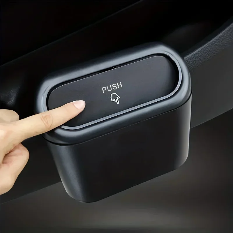 Hanging Car Trash Can with Push Lid Seat Door Mini Storage Bin Automotive Garbage Case Waste Box Vehicle SUV Truck Organizer