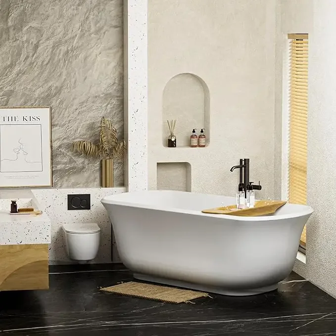 67" Acrylic Freestanding Bathtub, Deep Contemporary Soaking Tub With Chrome Overflow and Pop Up Drain, Oval Shape Bathtub, White 2