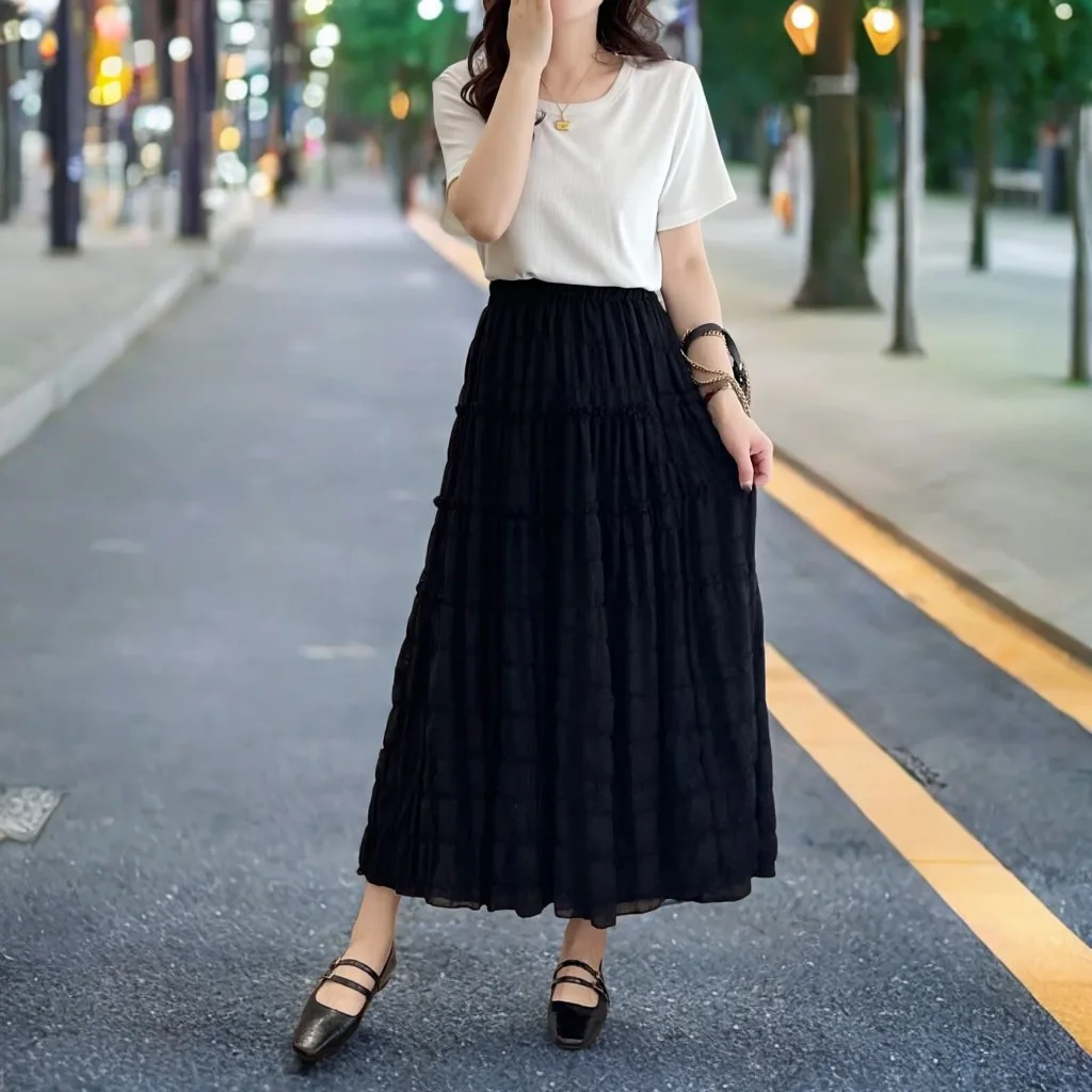 100kg Summer Long Skirts New Temperament Elastic Waist Plus Size Women Leisure Fairy Cake Skirt 8408