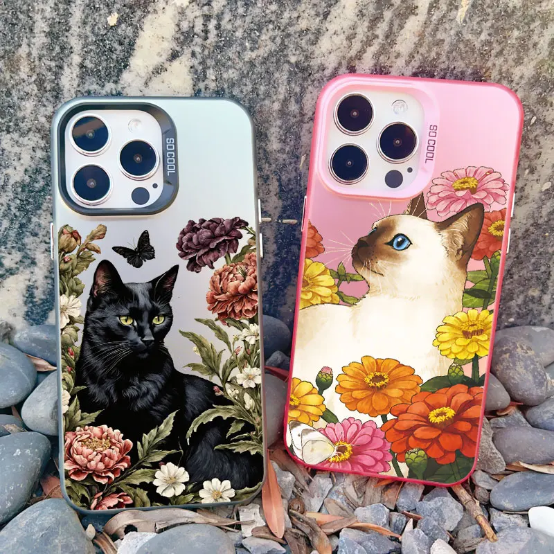 Schöne schwarze Katzen und Blumen Handy hülle für iPhone 13 Mini 12 11 Pro Max 15 14 13 Pro Max 15 14 plus stoß feste Laser-Rückseite – Detail 14