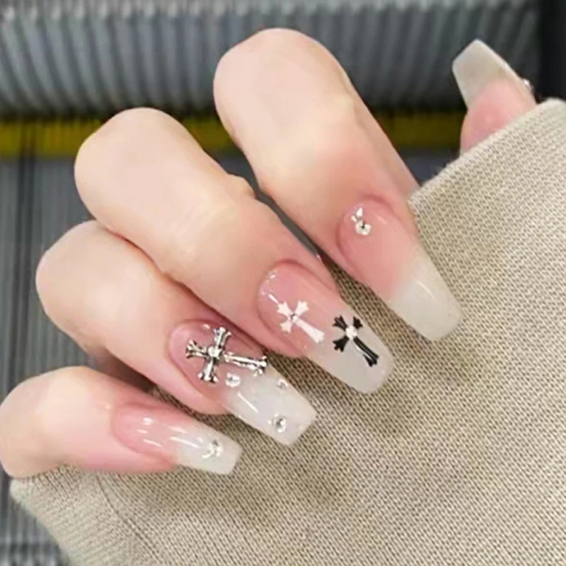 24pcs Punk Dark Cross Halloween Nail With Artificial Diamond Gradient Fake  Nails With Glue Full Cover Nails With Wearing Tools - False Nails -  AliExpress