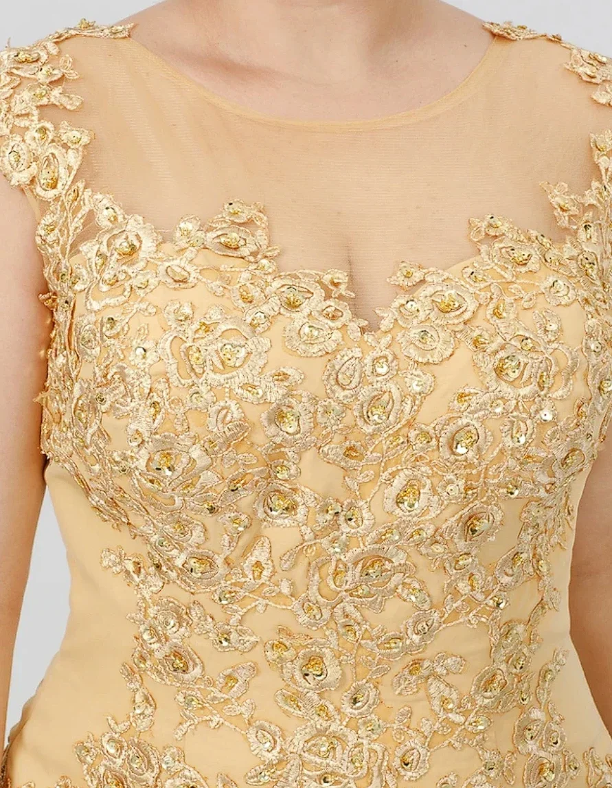 Mother of the Bride Dress Wedding Guest Elegant Plus Size Illusion Neck Sweep Chiffon Beaded Lace Formal Dresses