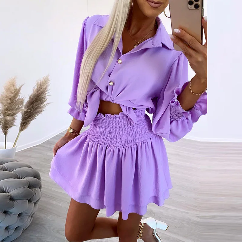 

Commuter Lady Elegant Solid 2pcs Set Spring Lace-up Blouse Shirts and Ruffle A-Line Skirts Suit Autumn Button Lapel Women Outfit