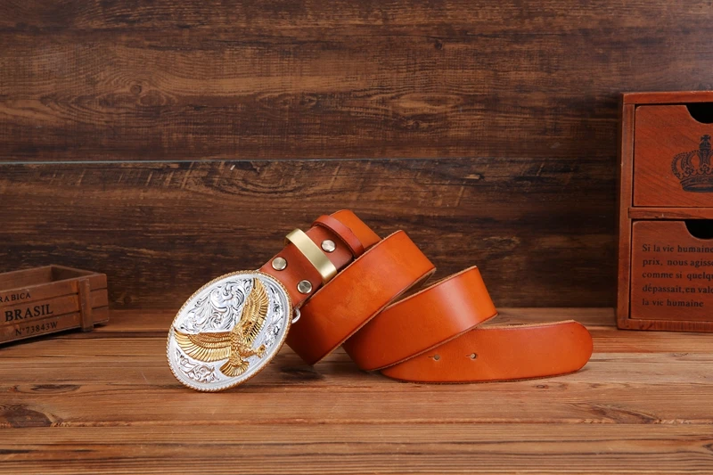 gold eagle big buckle full grain real leather 100% genuine leather hawk mens belts luxury high quality camel brown cowboys women