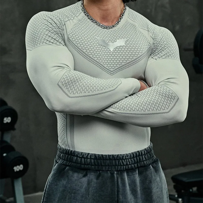 בגדי ספורט יבשים במהירות בסגנון אמריקאי, חולצת שרוולים ארוכים לגברים, צמודה, מחזקת שרירים, שכבת בסיס לאימונים