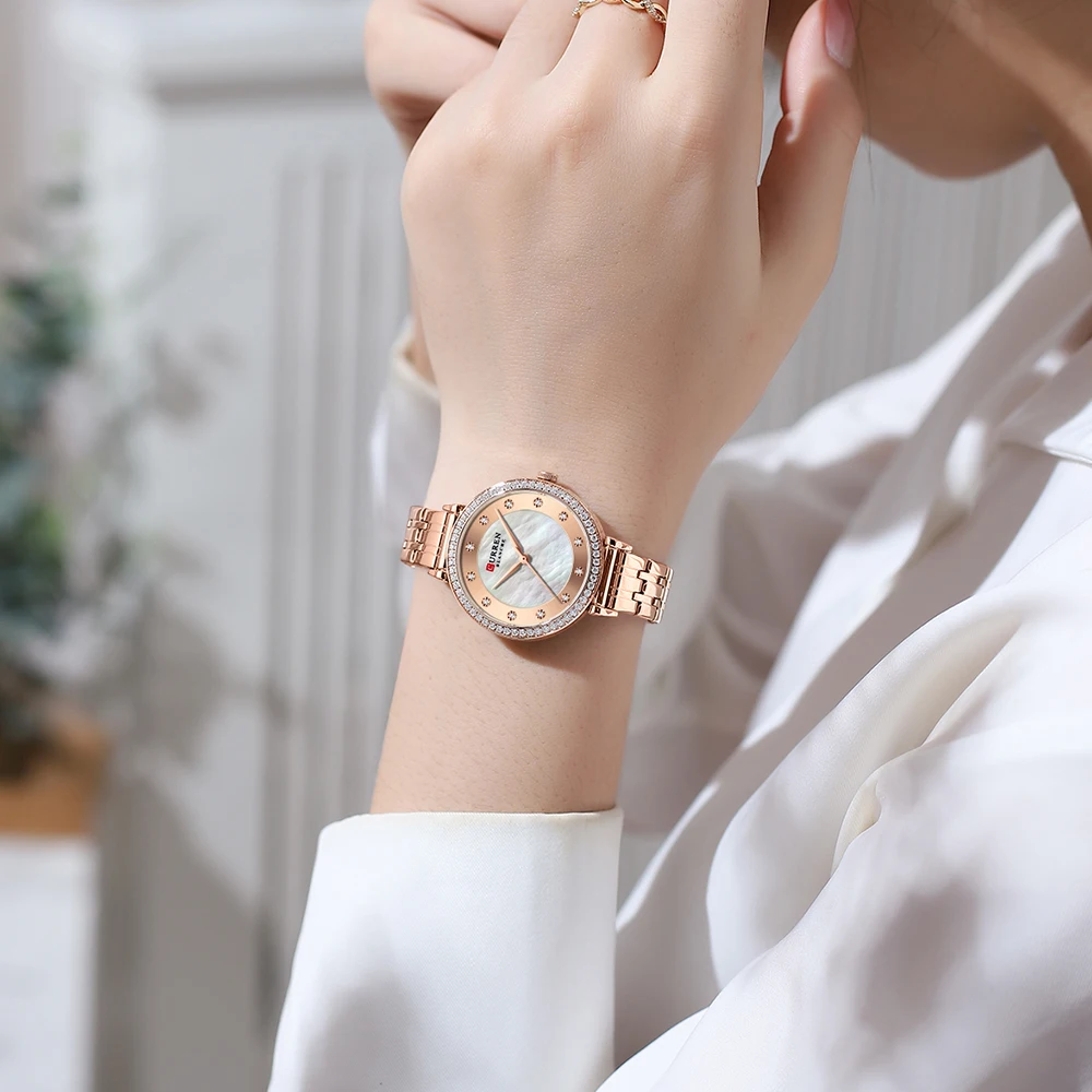 CURREN Luxury Slim Women's Watch Two Tone Stainless Steel Band Mother of Pearl Dial with Rhinestones Elegant Quartz Wristwatch
